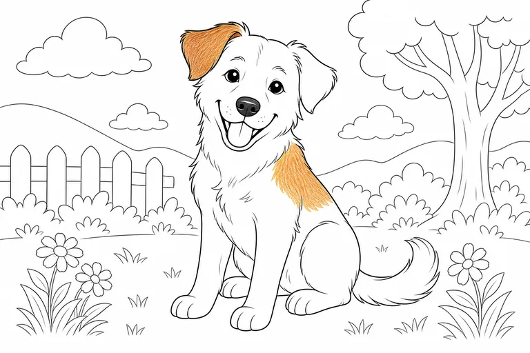 A clean black-and-white line art coloring page of a happy sitting mixed-breed dog, where only the fur on one shoulder and one ear is filled in with visible warm colored-pencil strokes while the rest s