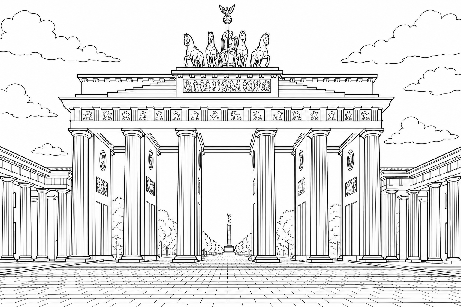 A black and white line drawing of the Brandenburg Gate seen head on, with its tall columns, the carved frieze above them and the chariot pulled by four horses standing on the roof.