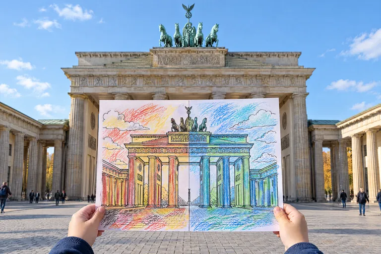 A child's hands hold up a Brandenburg Gate coloring page in front of the real gate in Berlin; the left half is coloured in warm red and yellow crayon, the right half in blue and green, split by a pencil line.