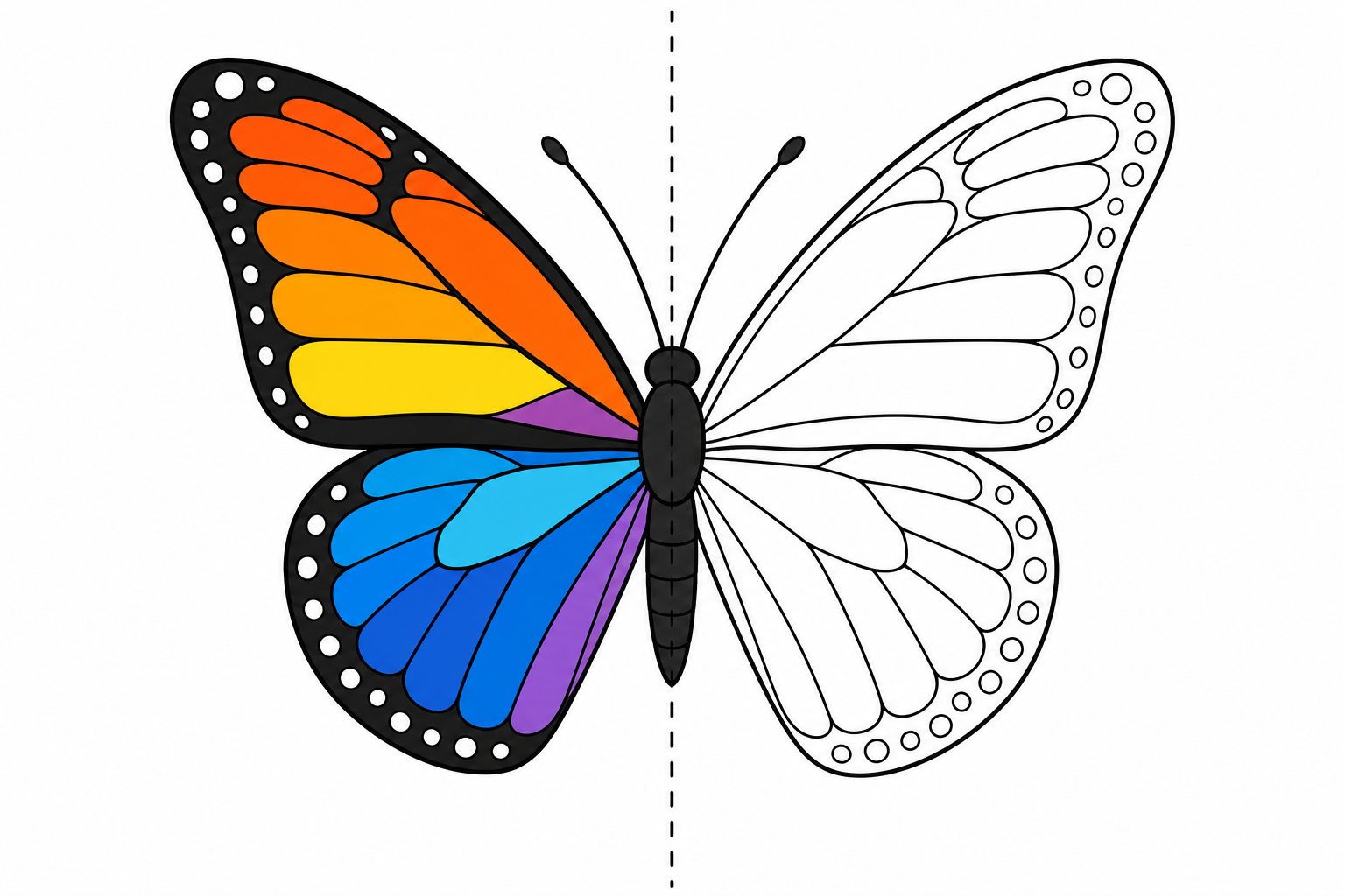 A clean instructional illustration of a butterfly seen from straight above, a dashed vertical line running down the center of its body as a fold axis, the left wing neatly colored in with bright tidy
