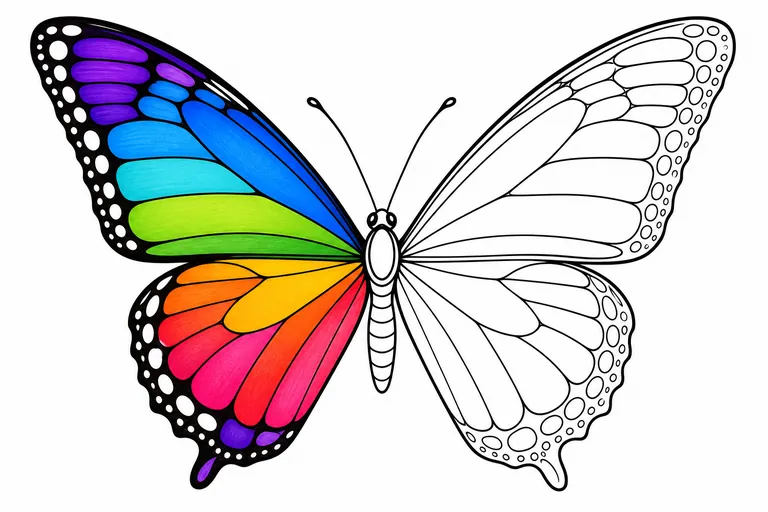 A symmetrical butterfly drawn as clean black-and-white line art, the left wing fully and vividly colored in like a finished coloring page while the right wing stays uncolored line art, plain white bac