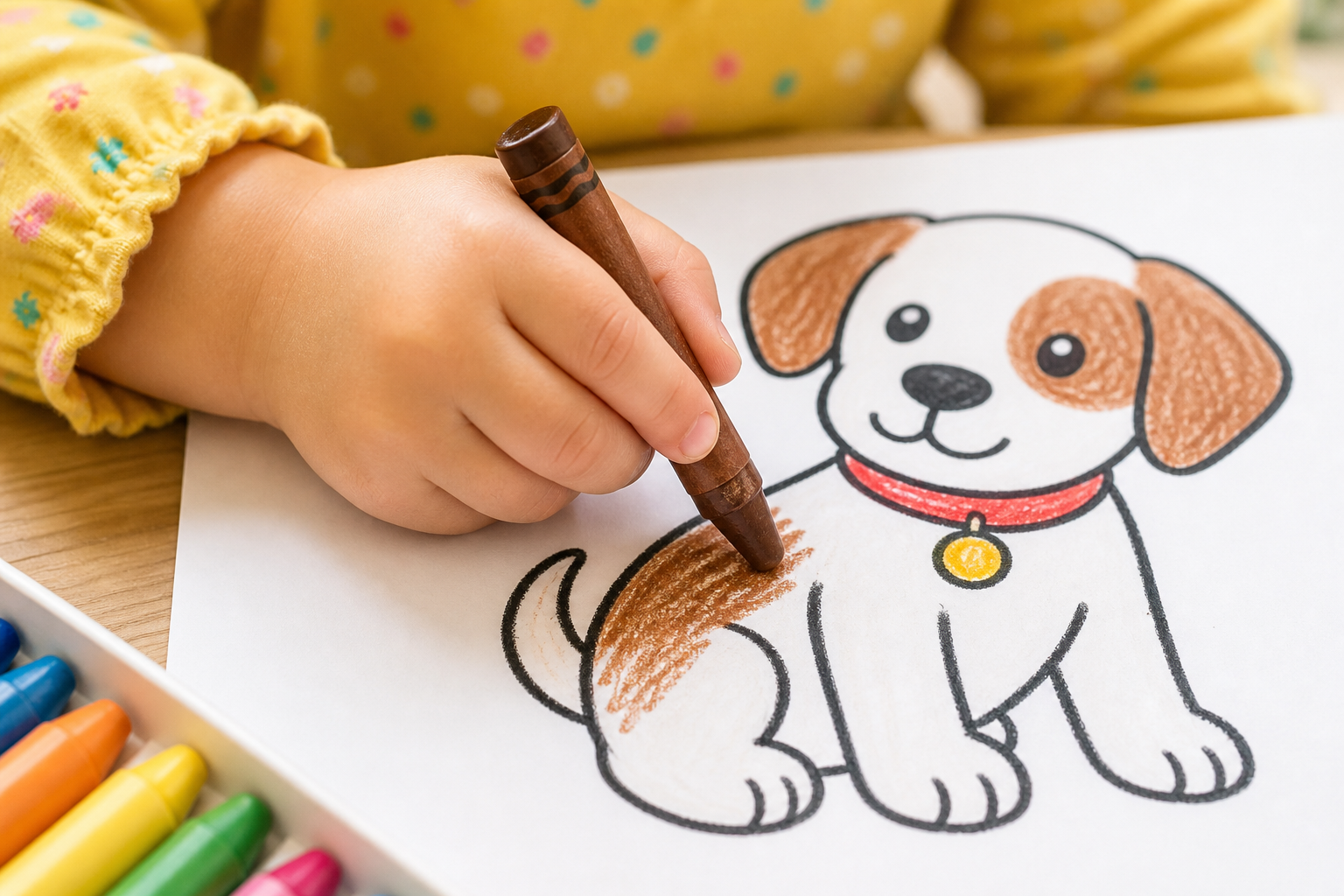 Close-up of a preschooler's small hand holding a chunky crayon in a developing tripod grip, coloring a simple bold-outlined drawing of a dog on white paper, warm soft daylight, cheerful gentle colors,
