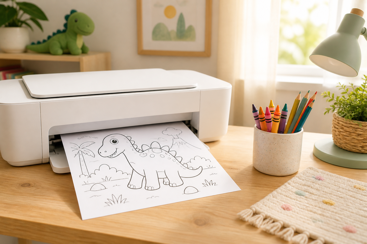 A cozy home desk, a white inkjet printer feeding out a black-and-white line-art coloring page of a friendly cartoon dinosaur, a small cup of crayons and colored pencils beside it, soft warm morning li