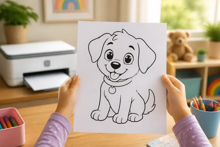 A child's hands holding up a freshly printed black-and-white line-art coloring page of a friendly animal, a home printer softly out of focus behind, bright cheerful room, warm natural light, horizonta