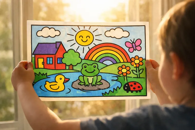 Small child's hands holding up a finished coloring page with bold thick outlines toward a sunny window, soft afternoon light shining through the paper, the child's silhouette barely visible at the edg