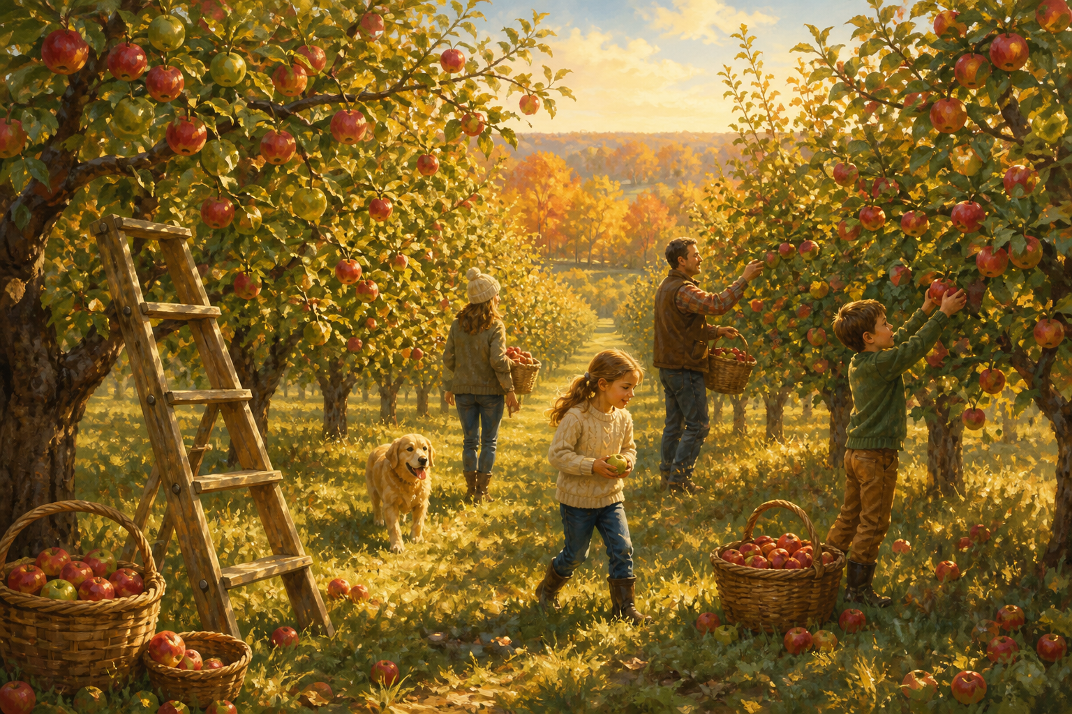 A warm painterly illustration of a family apple orchard on a golden autumn morning, long rows of trees full of red and green apples, a wooden ladder and woven baskets in the grass, soft sunlight throu