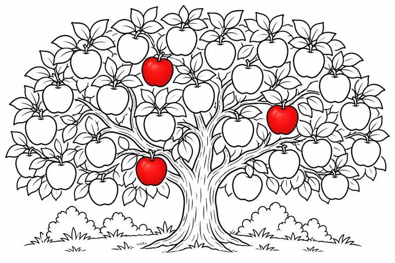 A clean black and white line art coloring page of an apple tree heavy with fruit, all apples drawn in plain outline except three apples fully colored in glowing ripe red, warm and inviting, thick clea