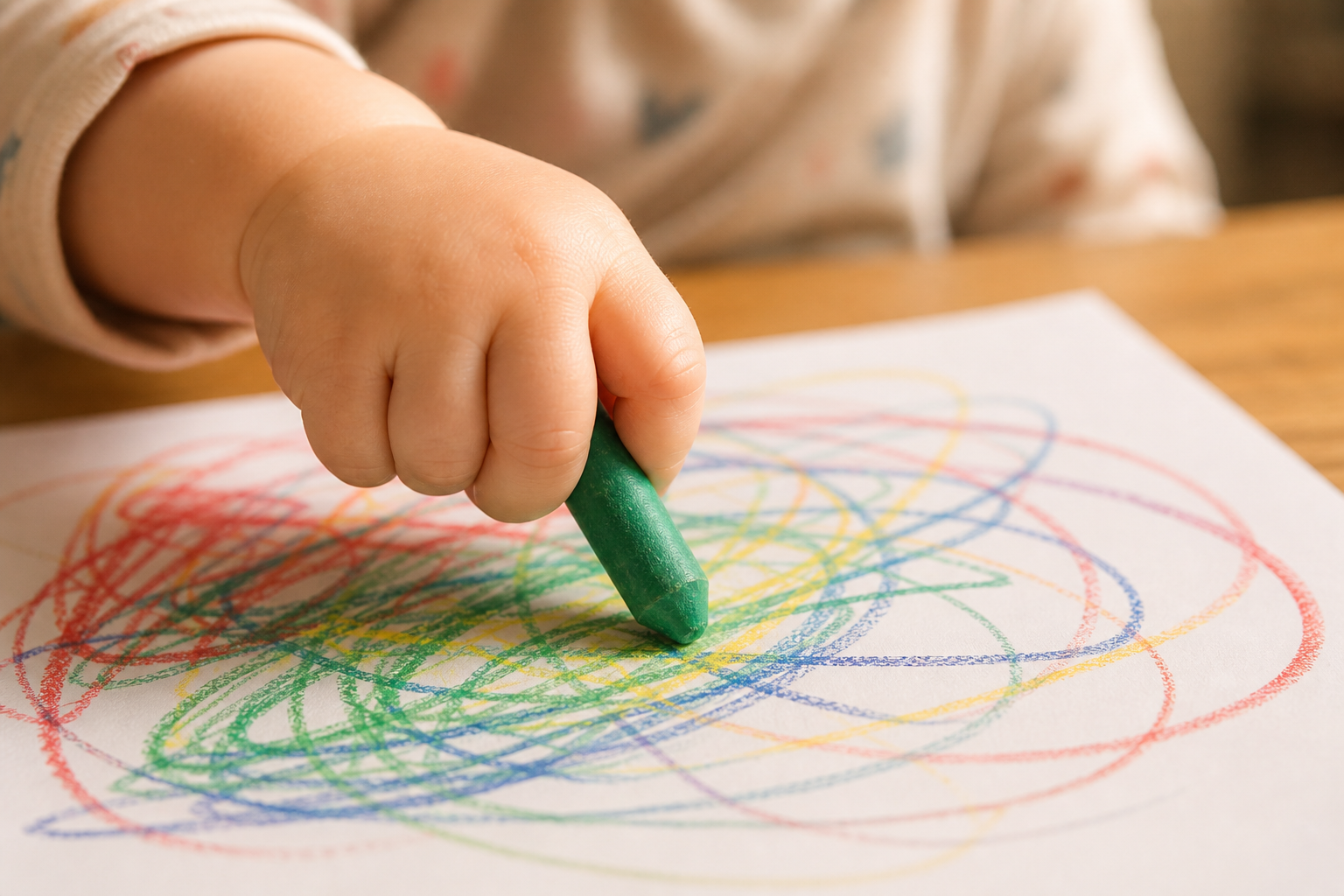 Close-up of a toddler's chubby hand gripping a thick chunky crayon in a full fist, making big looping colorful scribbles on a white sheet of paper on a wooden table, warm soft natural light, cheerful 