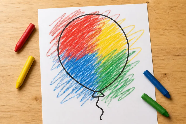 Flat lay from above of a large simple toddler coloring page with one big friendly outlined balloon shape, partly filled in with bright chunky crayon scribbles that spill past the outline, a few fat st