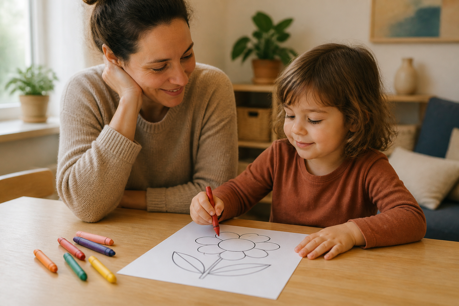 A warm, cozy scene of a parent sitting beside a young child at a light wooden table, the child holding a single chunky crayon over one large, simple outline drawing on paper, a few crayons scattered n