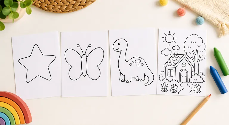 An editorial flat-lay seen from above of several children coloring pages arranged in a row, from a big simple outline shape on the left to a slightly more detailed picture on the right, a couple of ch