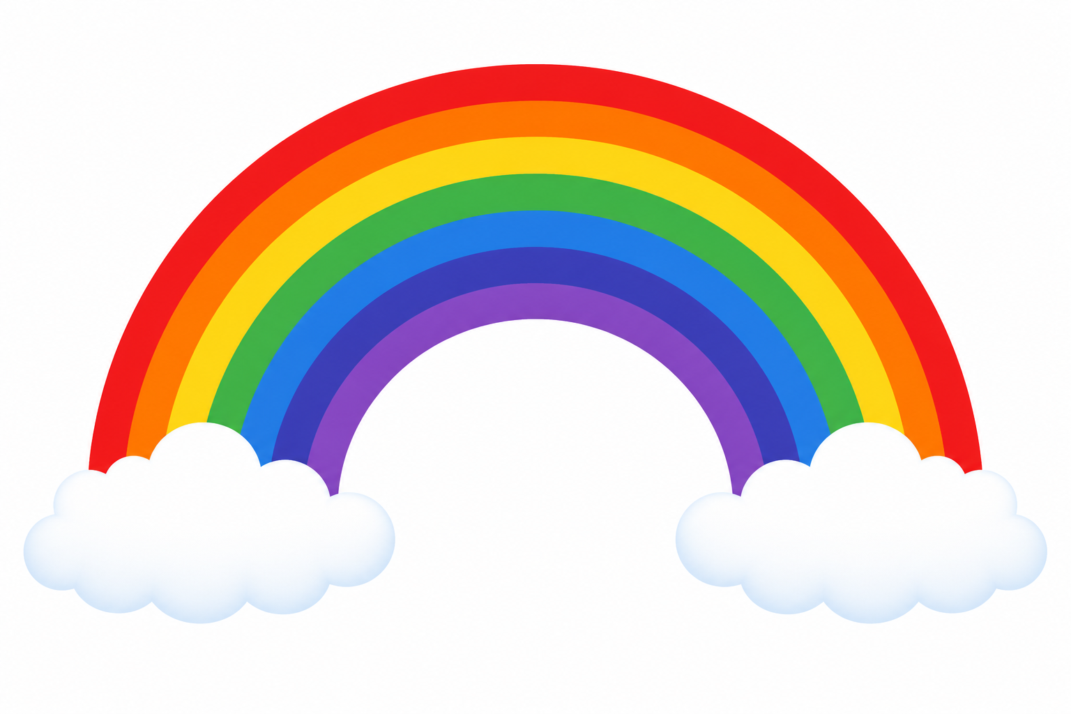 A bright simple flat illustration of a rainbow arc made of seven clean color bands in the exact order red, orange, yellow, green, blue, indigo, violet from the outer edge to the inner edge, over two s
