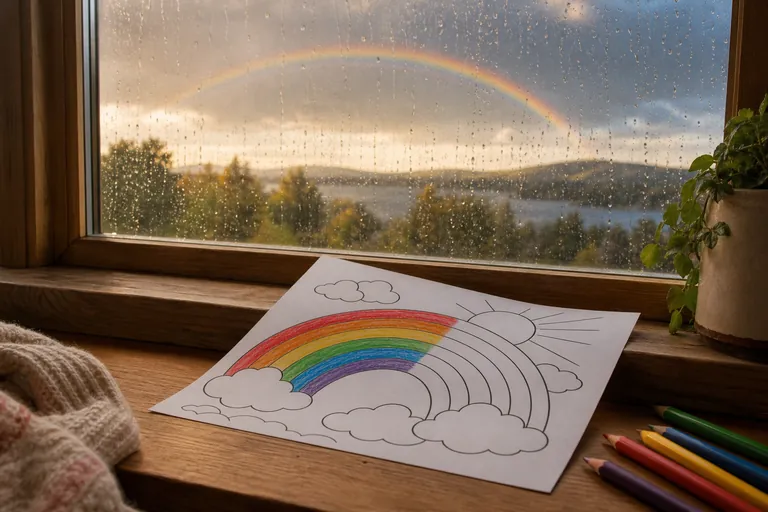 A cinematic photo of a half colored rainbow coloring page resting on a wooden windowsill, soft rain running down the window glass, a faint real rainbow arching in the cloudy sky outside, warm afternoo