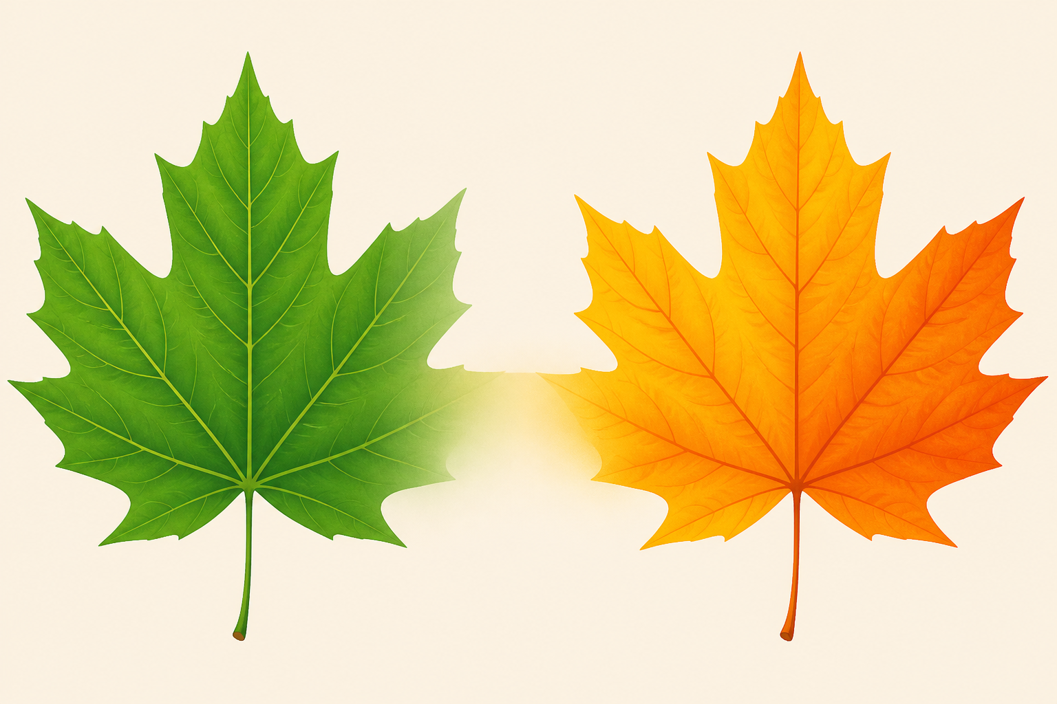A clean flat educational illustration showing the same single leaf twice side by side: on the left the leaf is bright summer green, on the right the identical leaf is golden yellow and orange, with a