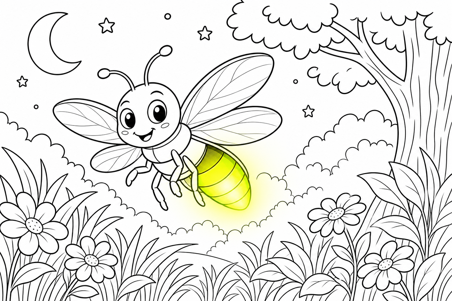 A black-and-white line-art coloring page of a friendly firefly with bold clean outlines on white paper, mostly still uncolored, but its lower abdomen is colored in vivid glowing yellow-green as if it 