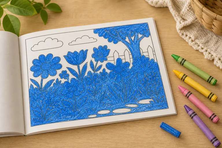 A child's coloring book page of a garden where all the flowers have been colored in with the same single bold blue crayon, while a small handful of unused crayons in other colors lie beside the page, 