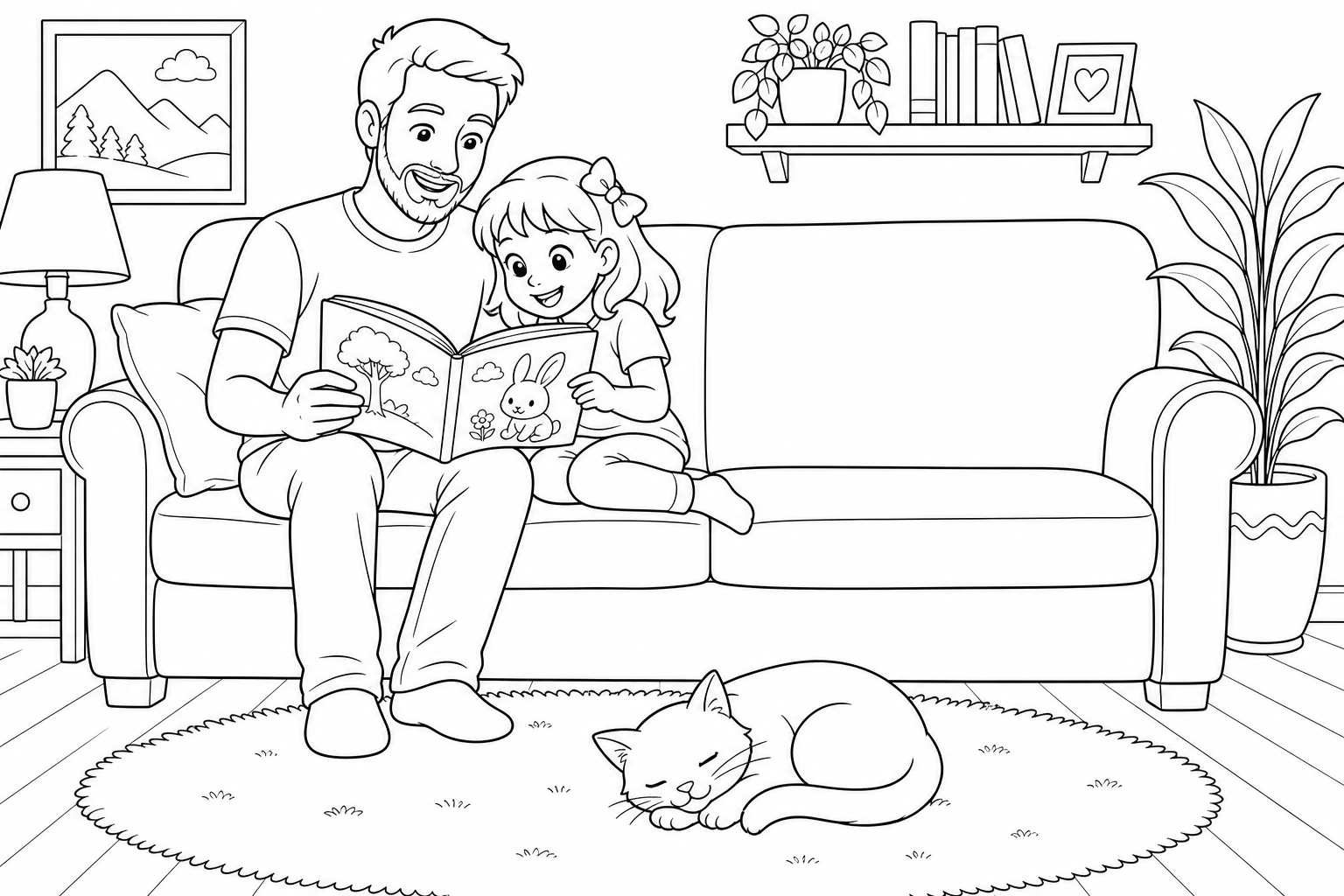 Black and white coloring page of a father and his small daughter reading a picture book on one end of a sofa, the rest of the sofa empty and a cat asleep on the rug.
