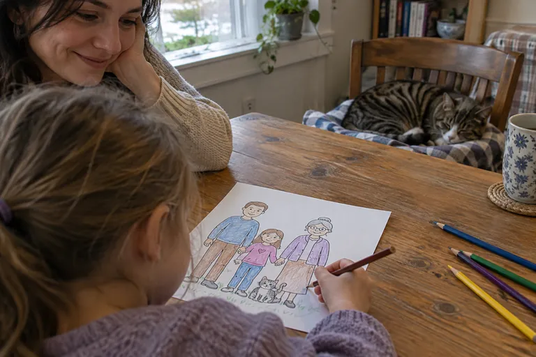 A candid landscape lifestyle photograph of a quiet evening at a kitchen table. From just behind a young child’s shoulder, show the child carefully drawing a grandmother into the empty space beside two