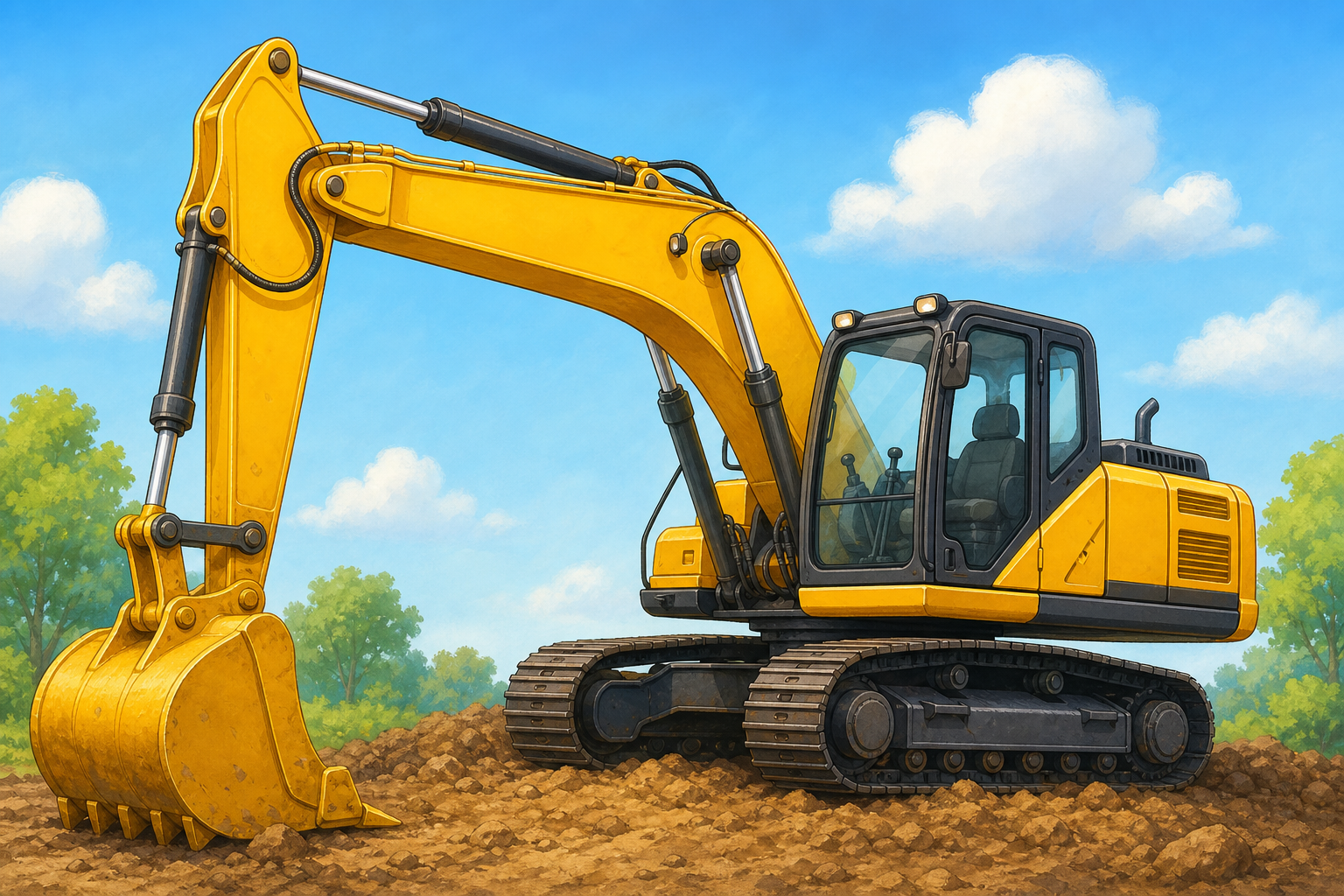 A colorful friendly illustration of a yellow excavator seen from the side up close, clearly showing its operator cab, long boom, jointed arm, and big toothed bucket resting on the ground, with black c