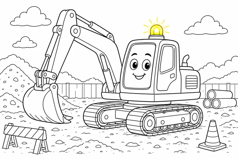 A clean black and white line art coloring page of a friendly excavator on a construction site, drawn in bold simple outlines, with only its round safety warning beacon light glowing bright colored yel
