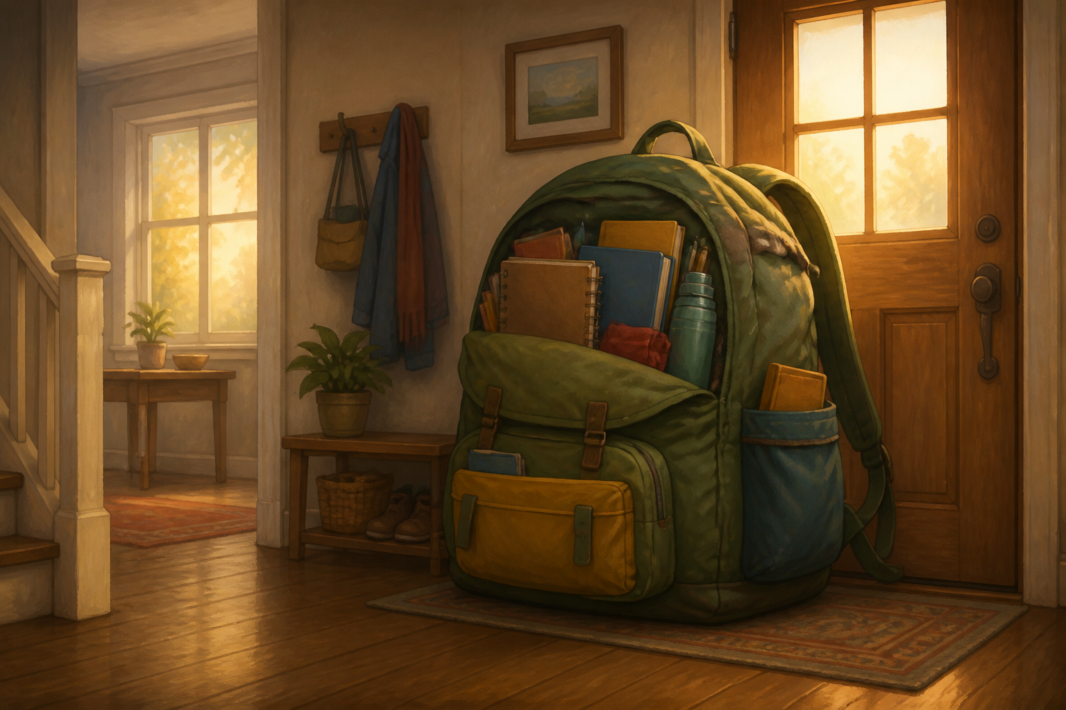 Warm painterly editorial illustration of an enormous packed school backpack standing by itself next to a front door in a cozy home hallway at dawn, soft golden morning light through a window, the back