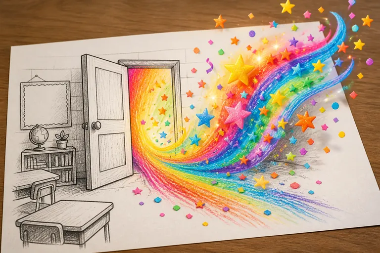 A black-and-white line-art drawing of an open classroom door on a sheet of paper, with colorful crayon light, stars and confetti spilling out through the open doorway and lifting up off the page into 
