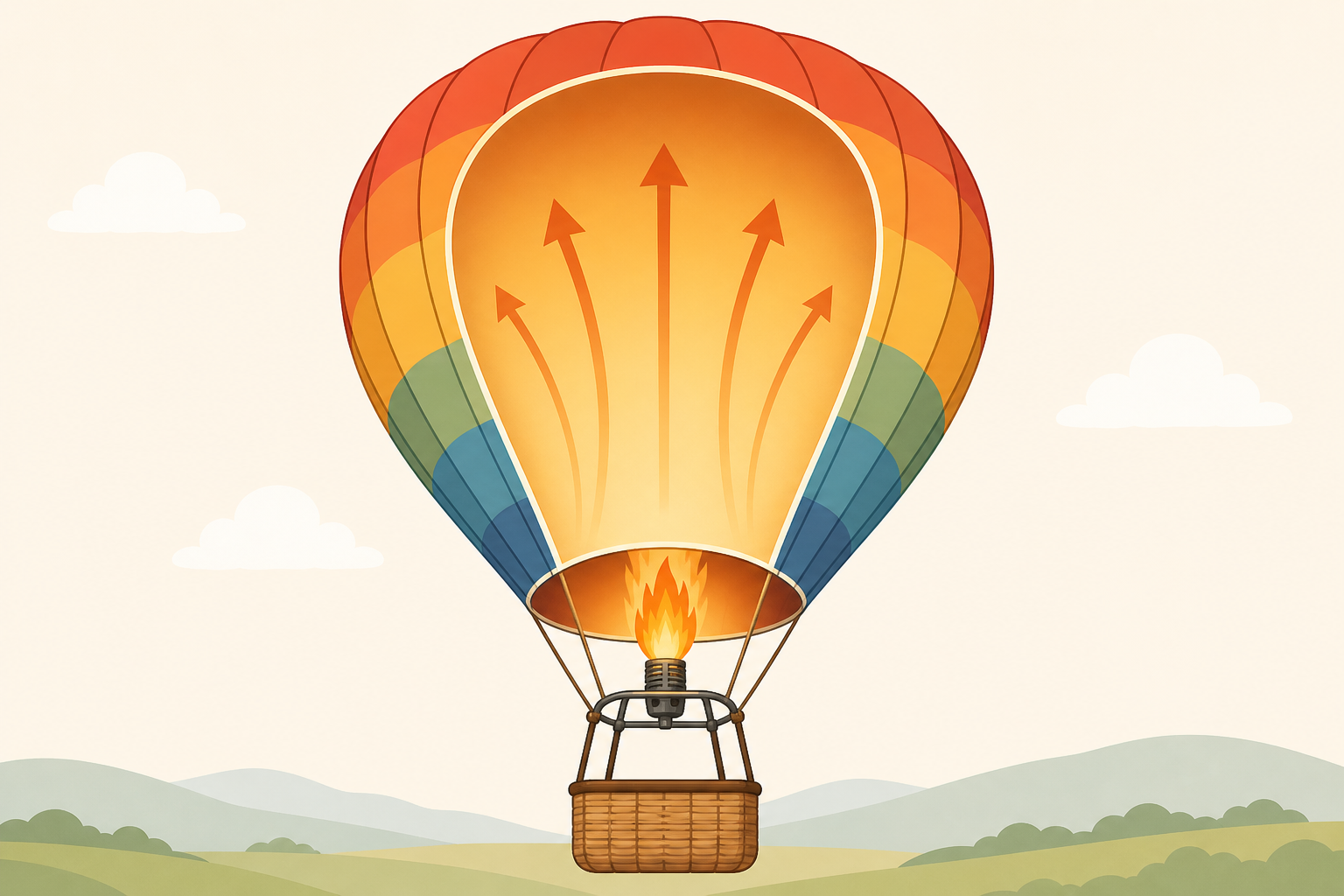 A simple clean flat-style cutaway illustration showing how a hot air balloon flies: a large rounded balloon envelope filled with warm air shown by gentle upward arrows inside, a burner with an orange