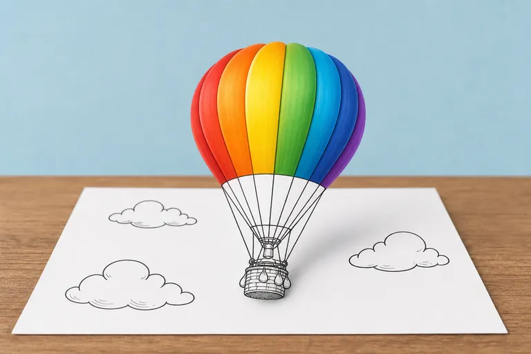 A whimsical illustration of a hot air balloon drawn as black and white line art on a sheet of white paper, lifting up off the page so that the part of the balloon that has risen above the paper turns 