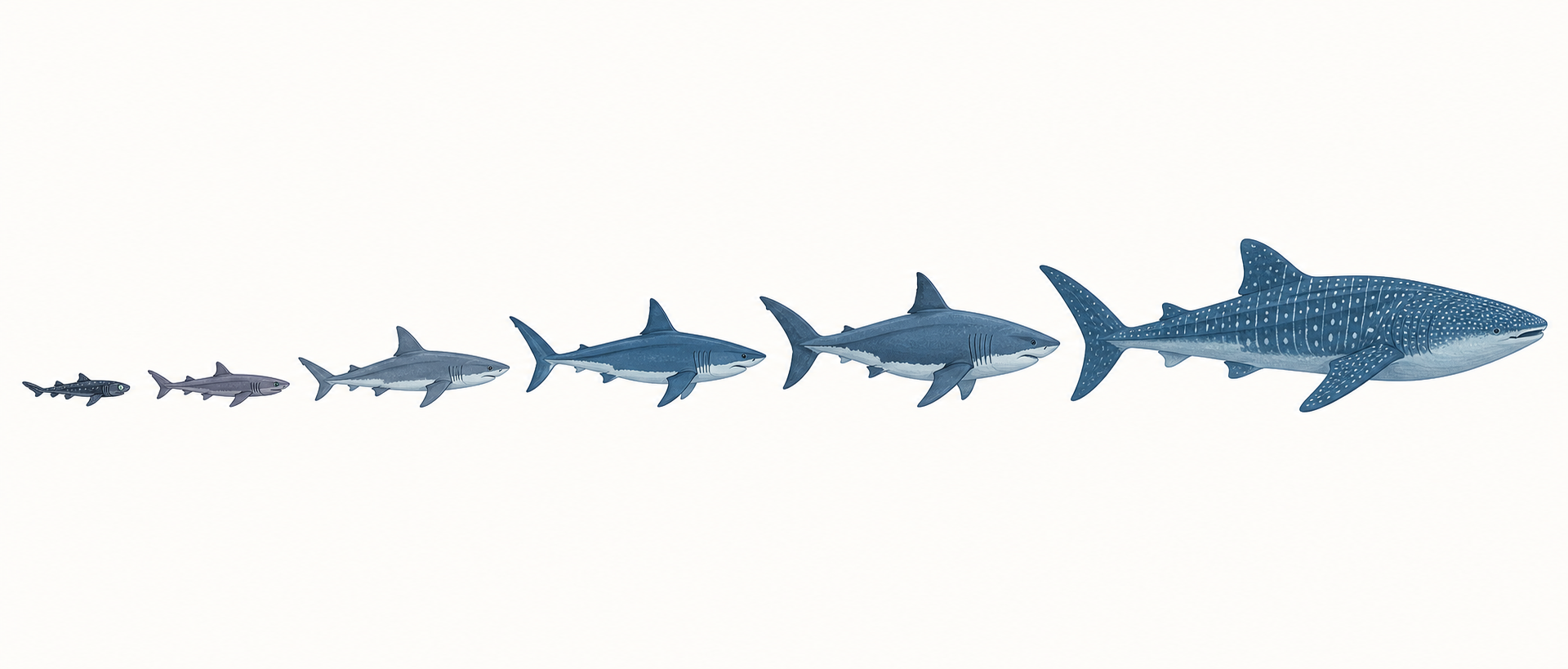 A simple clean side-view illustration of six different sharks lined up in a single row from smallest on the left to largest on the right, a tiny lanternshark growing step by step to a giant whale shar