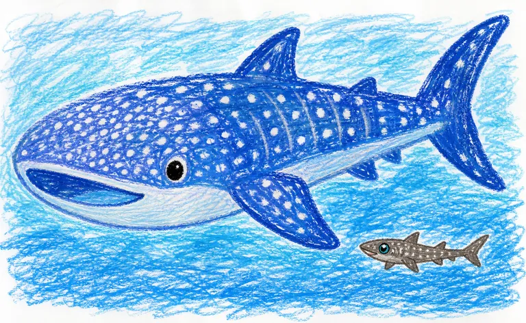 A child's vivid crayon-style drawing on white paper of a huge whale shark next to a tiny lanternshark to show the size gap, bright waxy blue and grey colors, bold playful strokes, cheerful, no text or