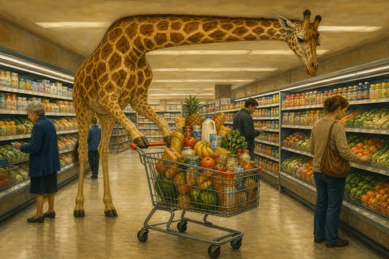A giraffe pushing a shopping trolley down a supermarket aisle, its neck bent right over under the ceiling, trolley piled high with groceries, painterly childrens book illustration, warm and completely