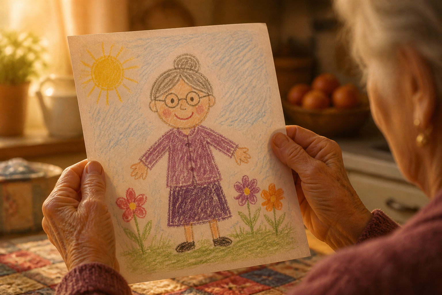 A warm painterly illustration of a child's crayon-colored drawing of a grandmother, held up in a pair of gentle wrinkled hands, soft cozy kitchen light in the background, tender heartfelt mood, no tex