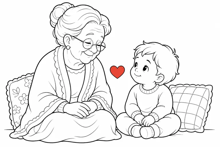A clean black and white line art coloring page style drawing of a grandmother and a small grandchild sitting side by side, with only a single heart between them colored in warm red, everything else pu
