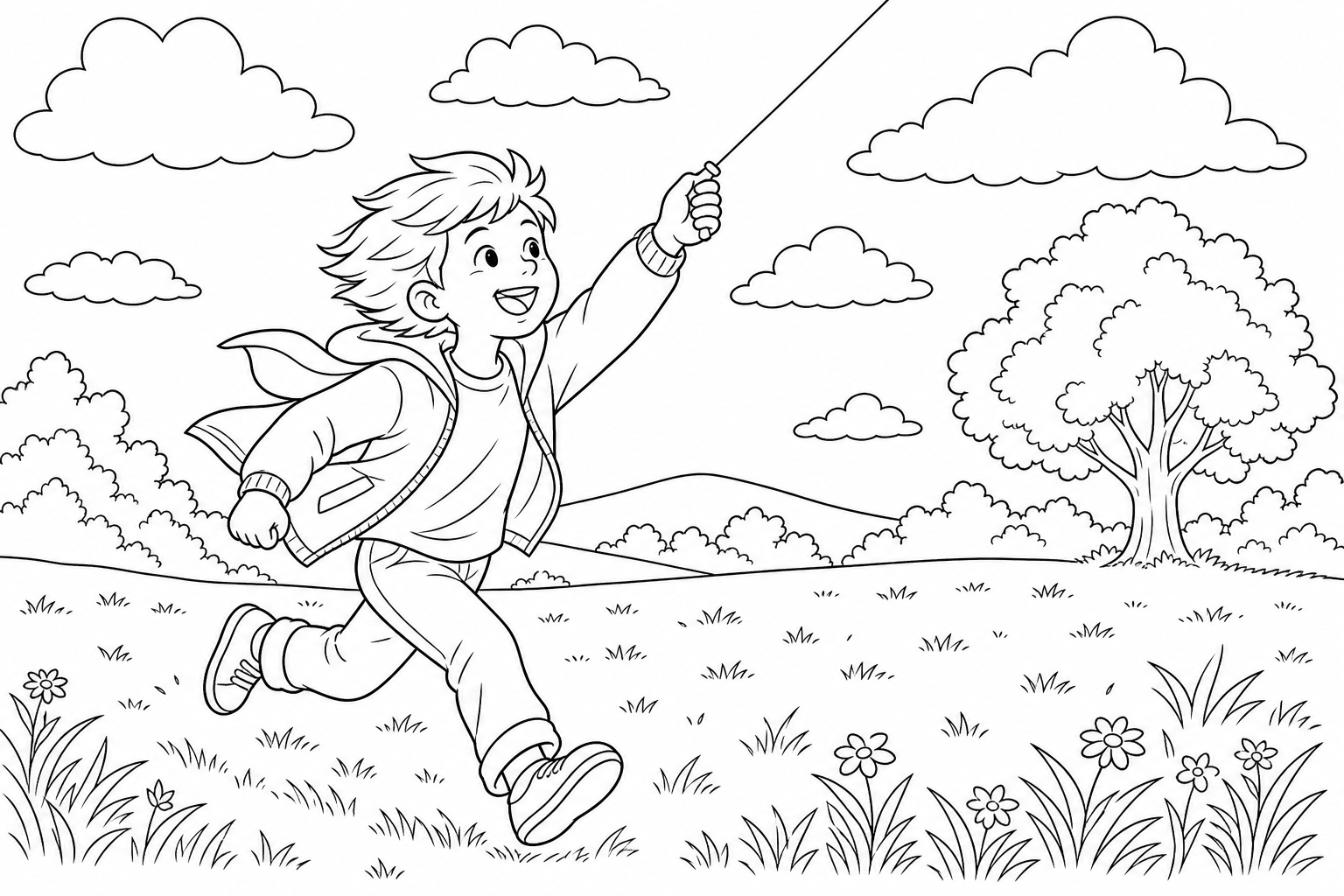 A line drawing of a child running across a field with one arm raised, holding a taut kite string that leads off the top of the page.