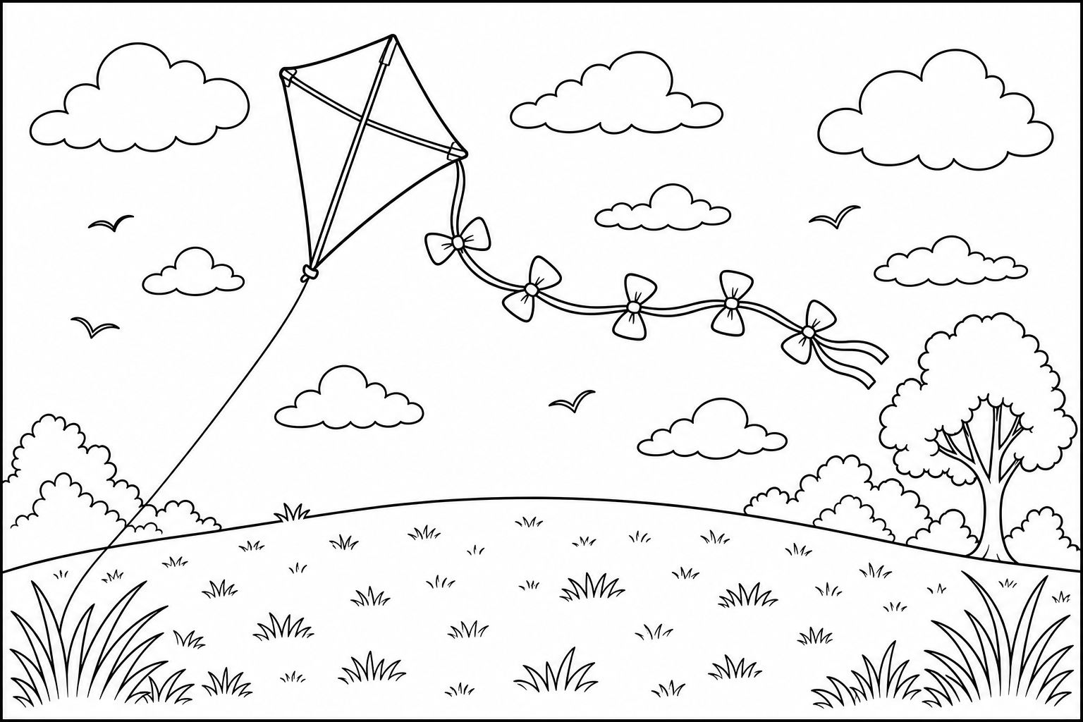 A line drawing of a diamond kite with a long bow tail flying high above a grassy hill.