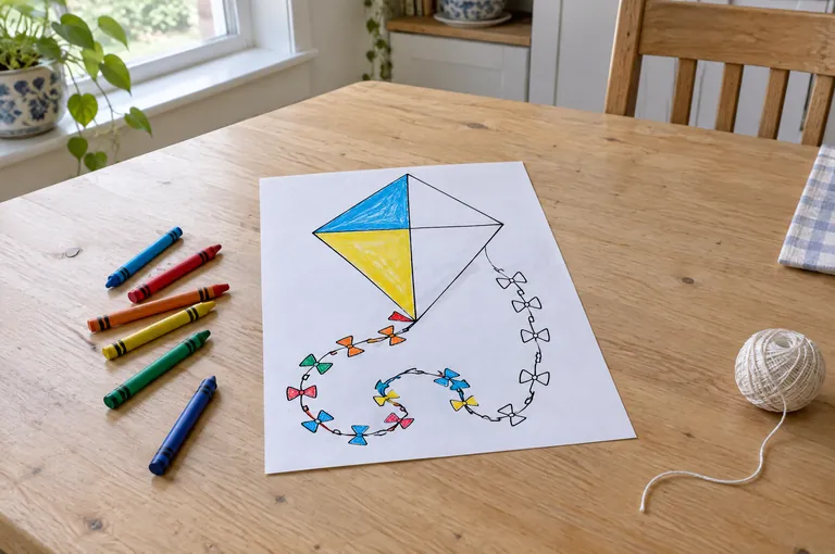 A half-coloured printable page of a diamond kite with a looping bow tail lies on a pale wooden kitchen table, beside a handful of loose crayons and a ball of white string.