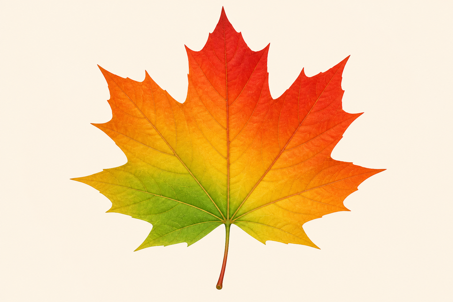 A single maple leaf shown with a smooth color gradient sweeping across its surface, fresh green at the base blending through gold and amber into deep orange and scarlet at the pointed tips, simple cle