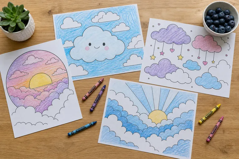 A flat-lay overhead view of three or four cloud-themed coloring pages spread out on a light wooden kitchen table, each partially colored in by a child with crayons in soft sky blues, sunset pinks, and