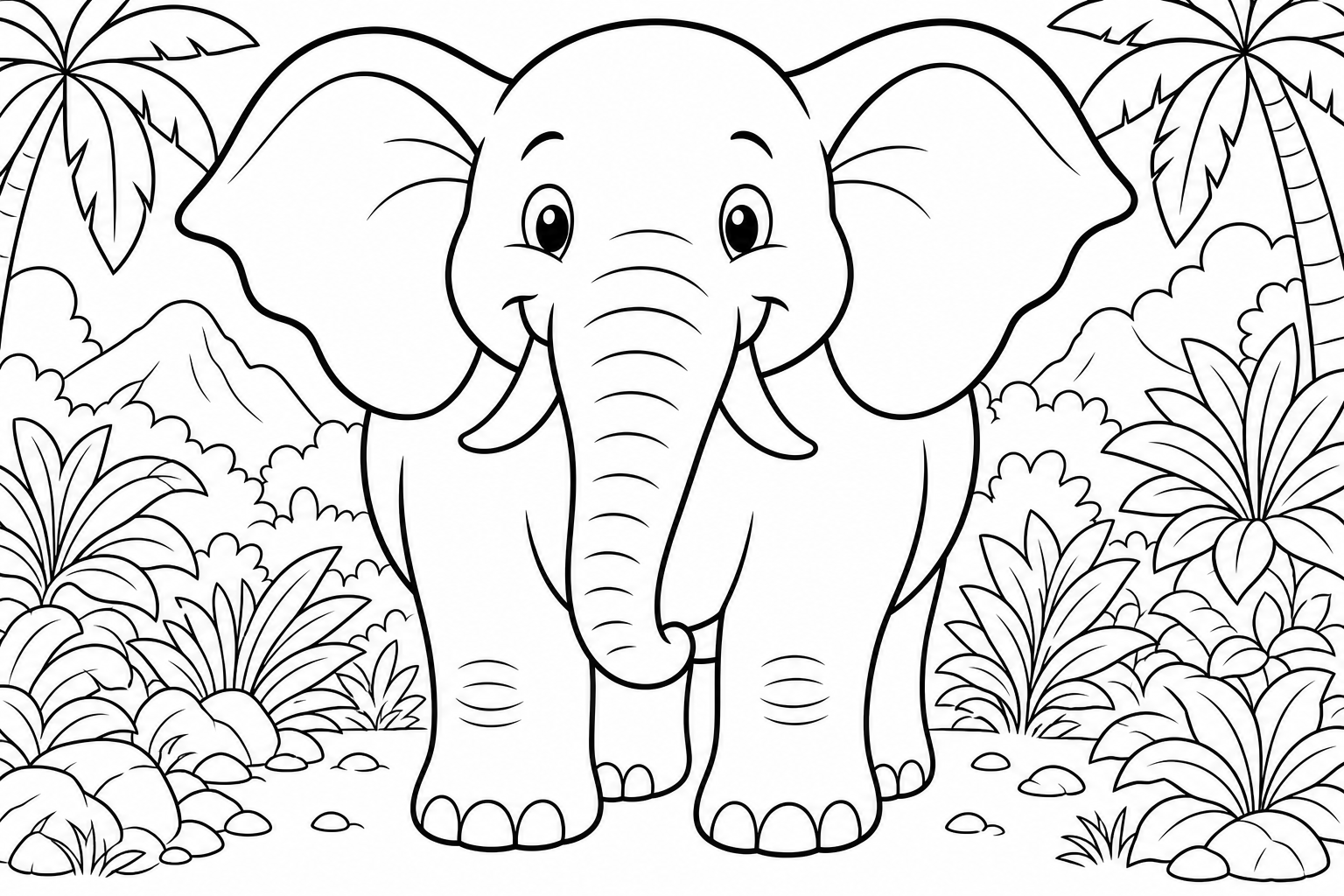 A coloring page of a large friendly elephant standing front-on, drawn with thick outlines and wide open areas in its ears and body.