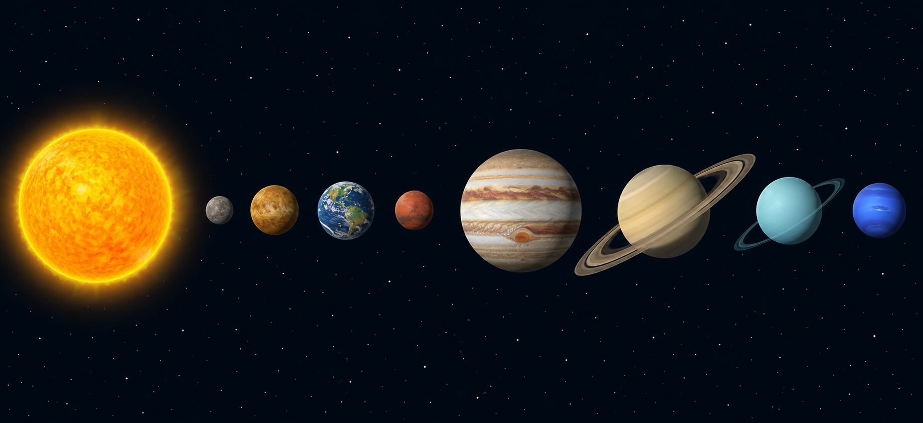 Flat vector illustration of the solar system in a horizontal row, the yellow Sun on the left and the eight planets in order at their real colors and relative sizes, ending with tiny deep blue Neptune,