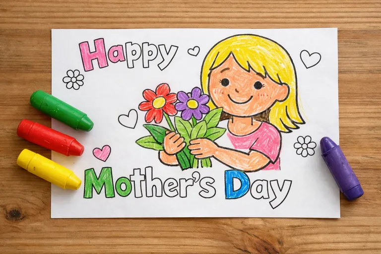 A Mother's Day coloring page printed on white paper, partially colored in by a child with simple crayon strokes — flat colors, no shading, slightly outside the lines in places, some areas still uncolo