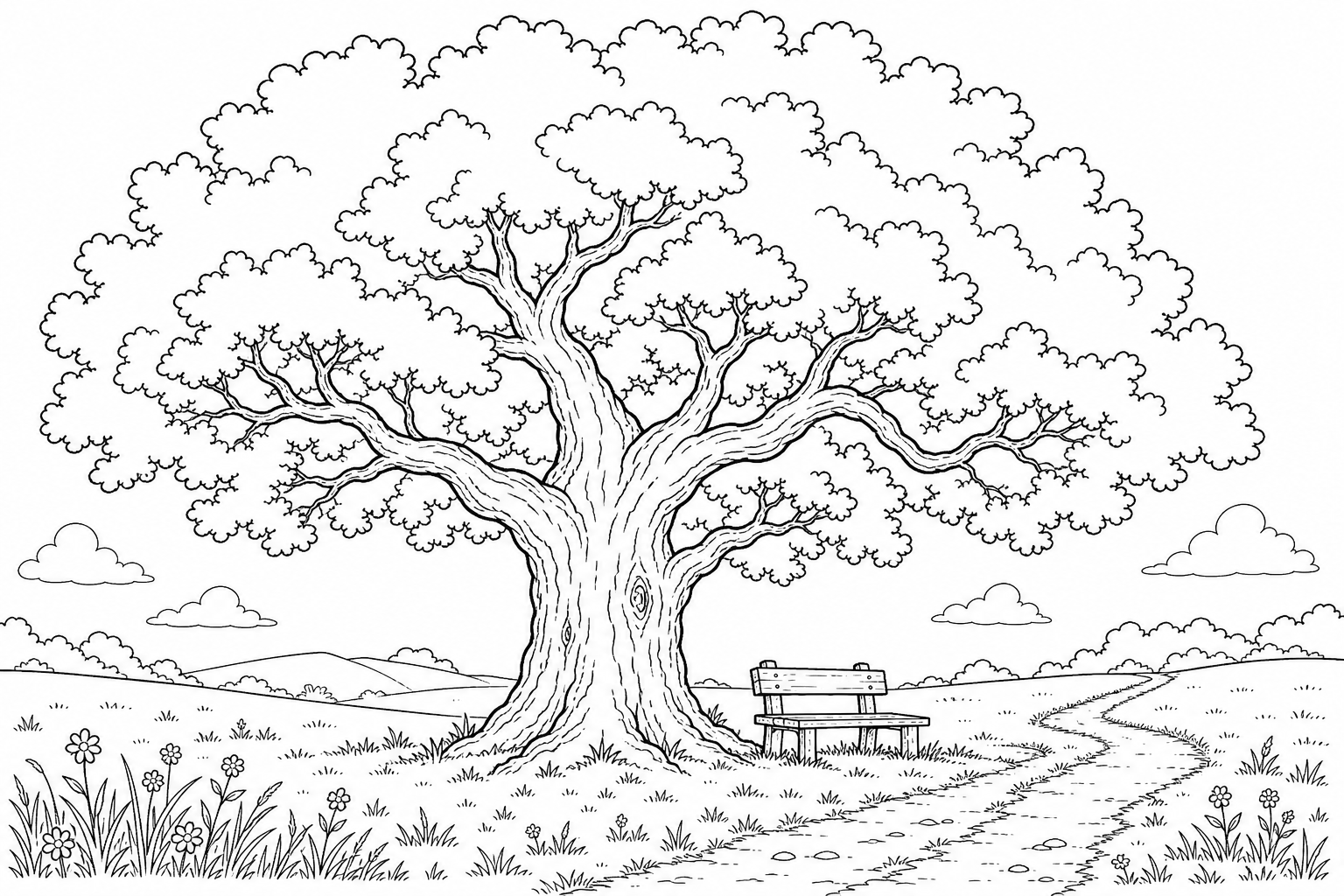 Black and white line drawing of a single big oak tree with a wide, open cloud-shaped crown, a wooden bench beside the trunk and a winding path through a meadow with flowers.