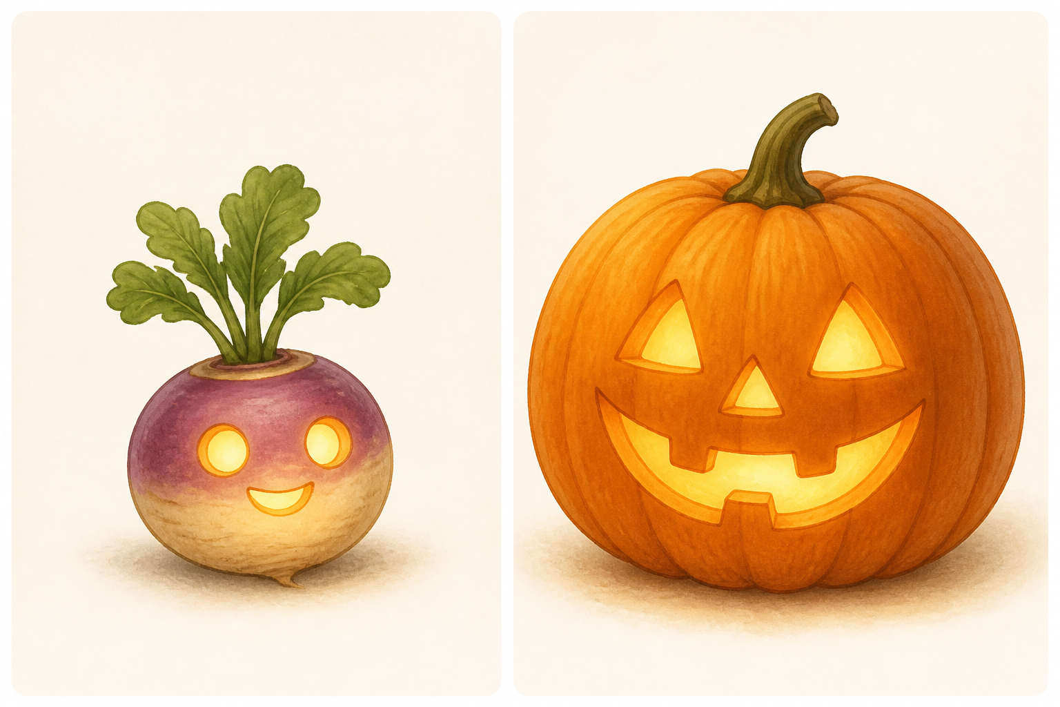A simple friendly two-panel illustration side by side, on the left a small carved turnip lantern with a little glowing face, on the right a large carved orange pumpkin jack-o-lantern glowing, warm pai