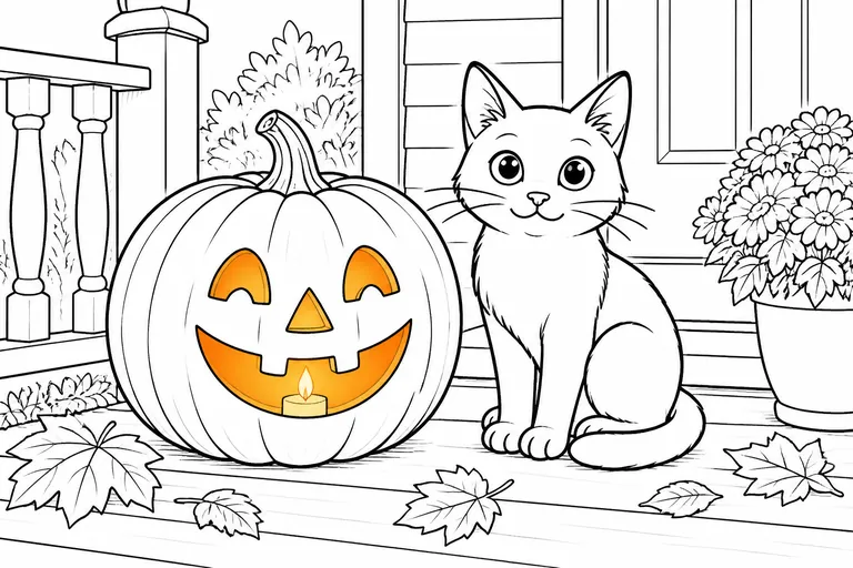 A clean black-and-white line art coloring page of a friendly jack-o-lantern next to a sitting black cat on a porch, only the candle glow inside the pumpkin colored in warm orange, everything else unco