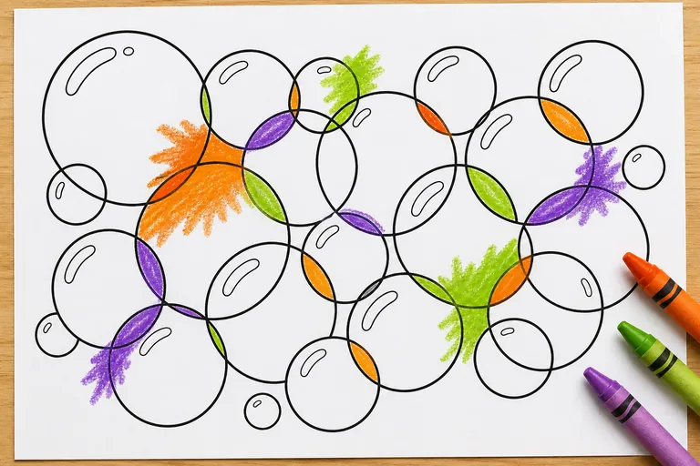 A child's black and white line-art coloring page of overlapping soap-bubble circles, where a few of the overlapping areas are filled with bright real color that spills out of the outlines, orange, gre