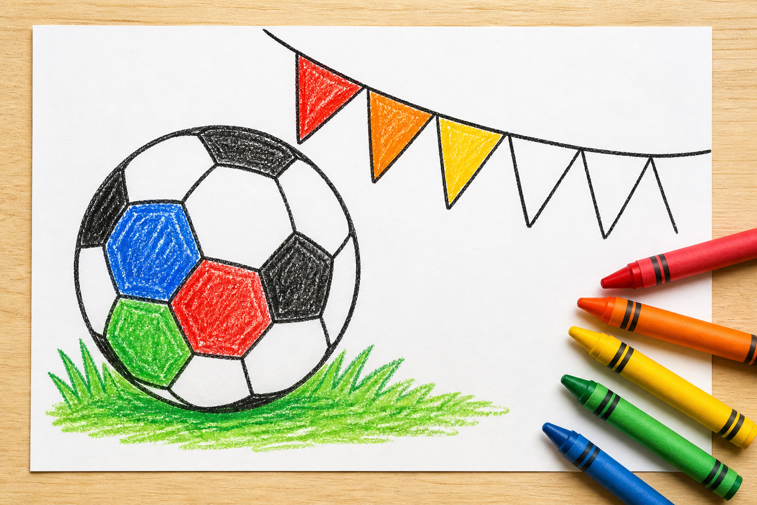 a soccer ball and a small string of triangular flags being colored in bright crayon, half of it still black and white outline, a few crayons resting nearby, cheerful and clean, no text or letters, no