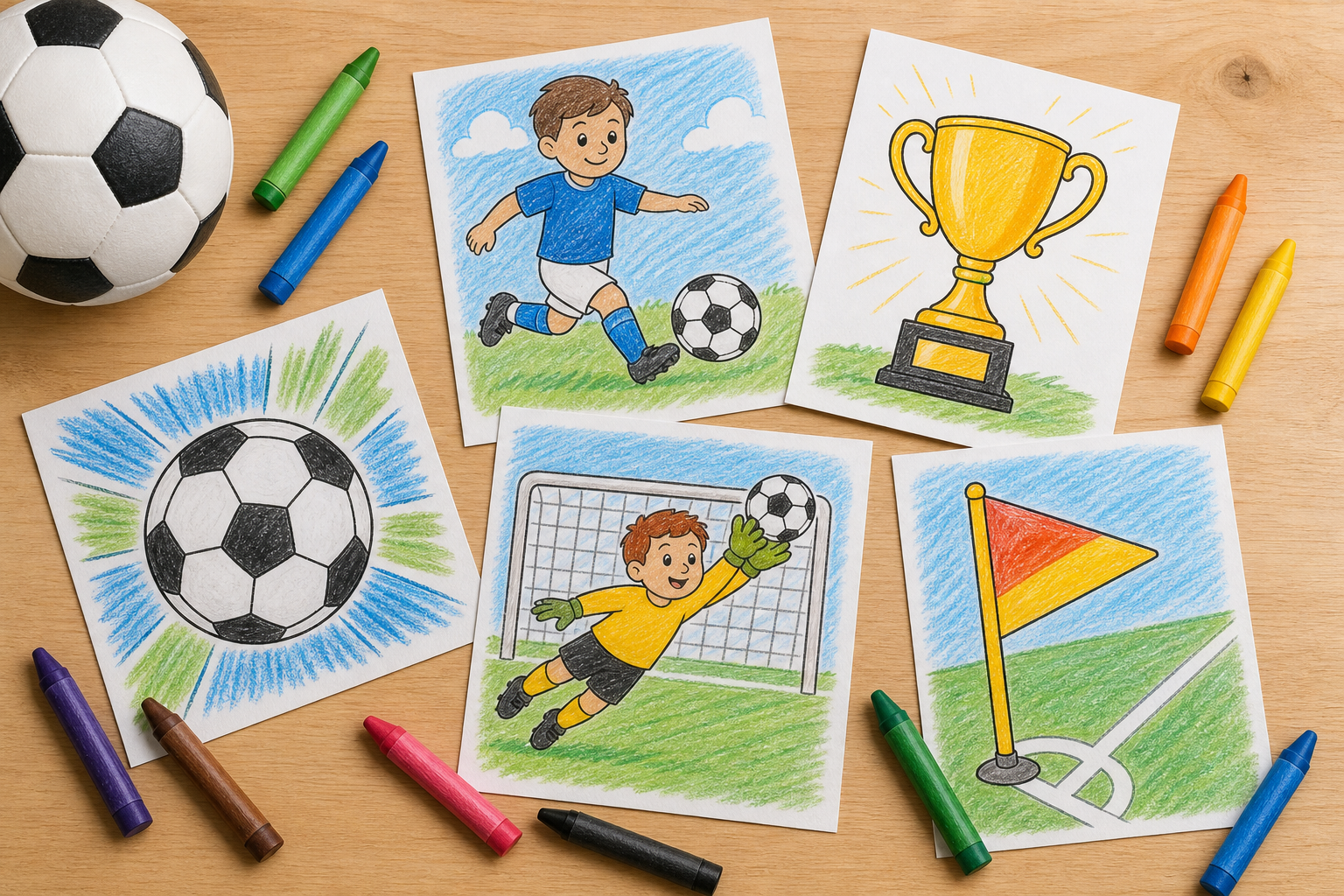 overhead flat-lay of several soccer coloring pages, a ball, a trophy and a triangular flag, each partly colored in bright crayon, a handful of chunky crayons scattered around on a light wooden table,
