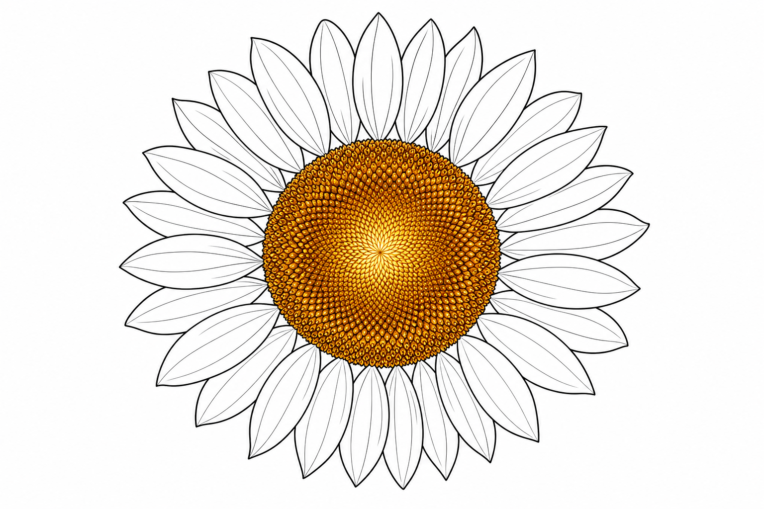 A clean black-and-white line-art sunflower with a perfectly round seed center and a full ring of long petals, where only the round center is fully colored in glowing golden brown while the petals stay