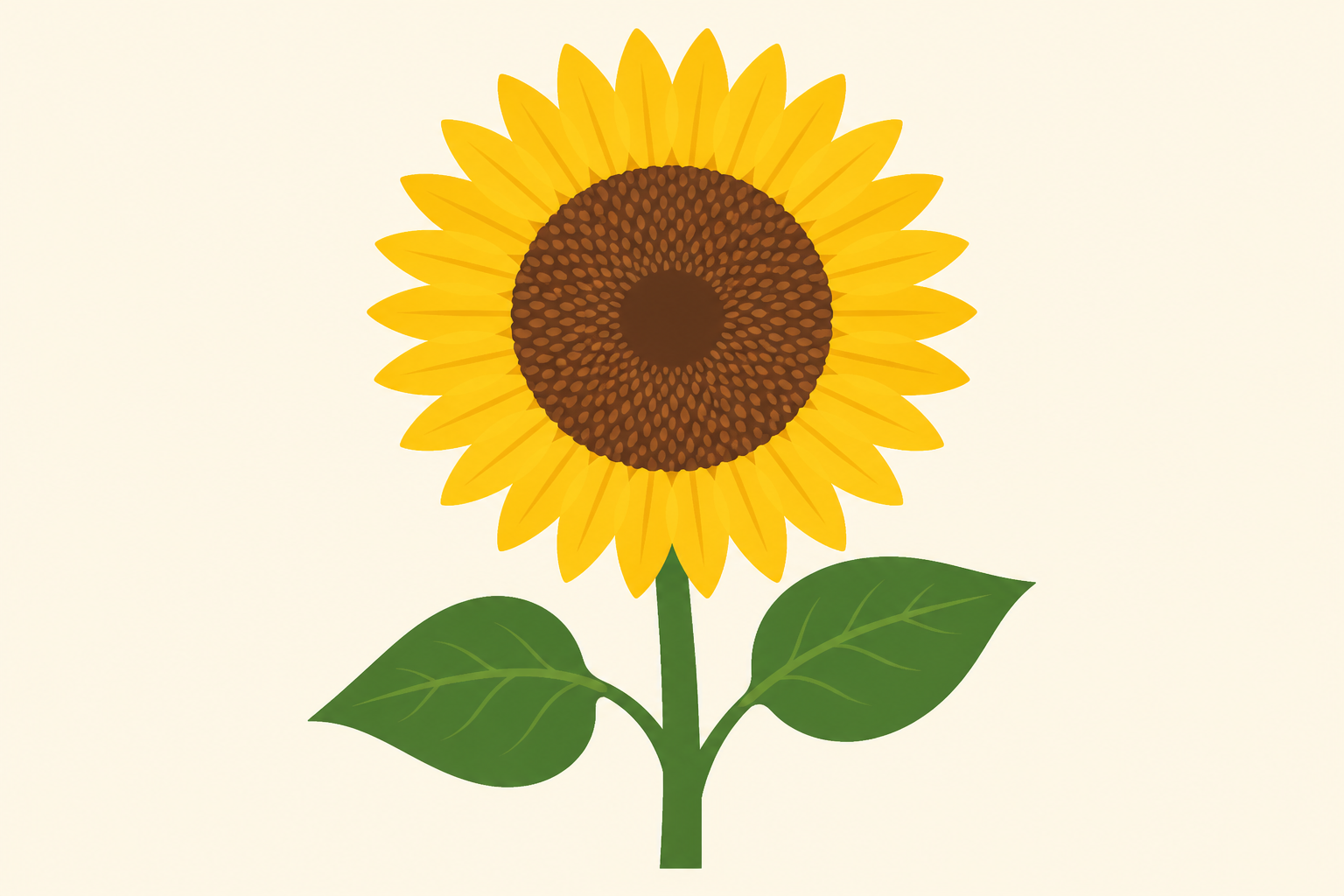 A single sunflower in clean flat vector illustration style, showing the ring of yellow ray petals around the outside, the round brown seed face in the middle, and the green stalk with two broad leaves