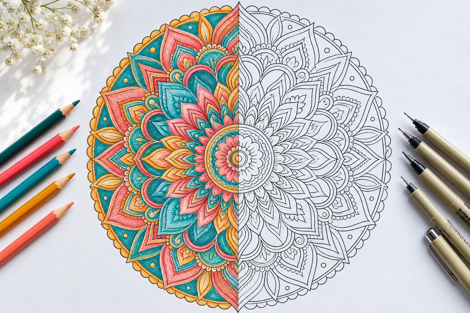 A detailed circular mandala coloring page on white paper, the left half filled in with vivid blended colored-pencil work in teal, coral and gold, the right half still crisp black-and-white line art, a